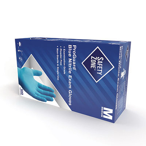 Safety Zone ProGuard Nitrile Gloves, Powder-Free, Medium, 3 mil (Palm), 3.5 mil (Fingers), Blue, 100/Box, 10 Boxes/Carton (GNPRMD1A)