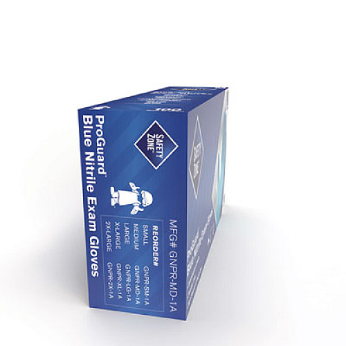Safety Zone ProGuard Nitrile Gloves, Powder-Free, Medium, 3 mil (Palm), 3.5 mil (Fingers), Blue, 100/Box, 10 Boxes/Carton (GNPRMD1A)