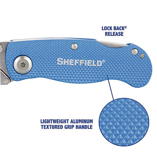 Great Neck Sheffield Folding Lockback Knife, 1 Utility Blade, 2" Blade, 3.5" Aluminum Handle, Blue (12113)