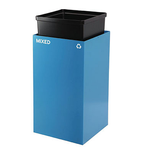 Alpine Industries 29 Gallon Trash/Recycling Cans, Steel, Blue Mixed Recycling Can with Square Lid, Black Trash Can with Square Lid (4450BLKKIT2)