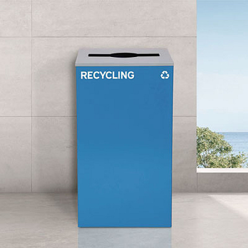 Alpine Industries 29 Gallon Trash/Recycling Cans, Steel, Blue Recycling with Mixed Lid, Black Trash Can with Square Lid (4450BLKKIT4)
