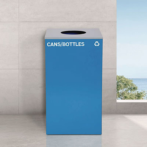 Alpine Industries 29 Gallon Trash/Recycling Cans, Steel, Blue Cans/Bottles Recycling with Circle Lid, Black Trash Can with Square Lid (4450BLKKIT7)