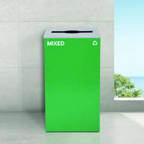 Alpine Industries 29 Gallon Trash/Recycling Cans, Steel, Green Mixed Recycling Can with Mixed Lid, Black Trash Can with Square Lid (4450BLKKIT11)