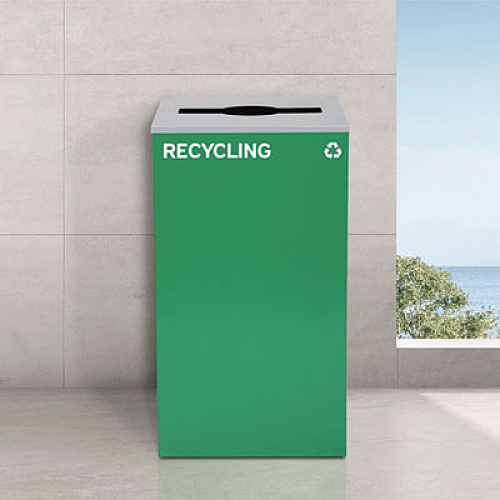 Alpine Industries 29 Gallon Trash/Recycling Cans, Steel, Green Recycling Can with Mixed Lid, Black Trash Can with Square Lid (4450BLKKIT12)