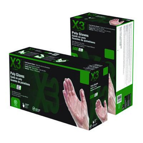 X3 by AMMEX Polyethylene Food Safe Industrial Gloves, Powder-Free, Large, Clear, 500/Box (PGLOVEL500)
