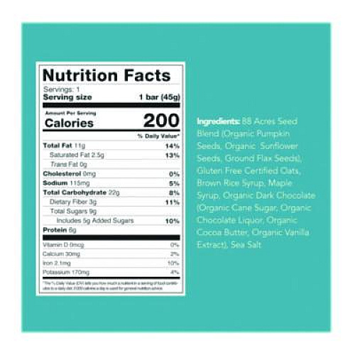 88 ACRES Sweet 'N Salty Gluten-Free Dark Chocolate Sea Salt Seed and Oat Bar, 1.6 oz Bar, 9/Box (ACY00504)