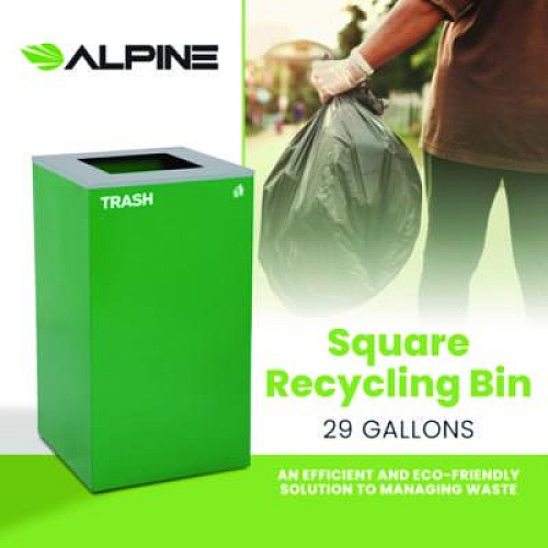 Alpine Industries 29 Gallon Trash/Recycling Cans, Steel, Green Trash Can with Square Lid (4450KITGRNST)