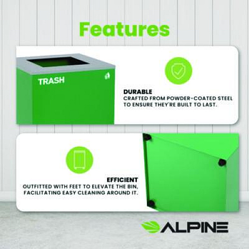 Alpine Industries 29 Gallon Trash/Recycling Cans, Steel, Green Trash Can with Square Lid (4450KITGRNST)