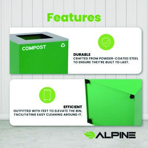 Alpine Industries 29 Gallon Trash/Recycling Cans, Steel, Green Compost Can with Square Lid (4450KITGRNSC)