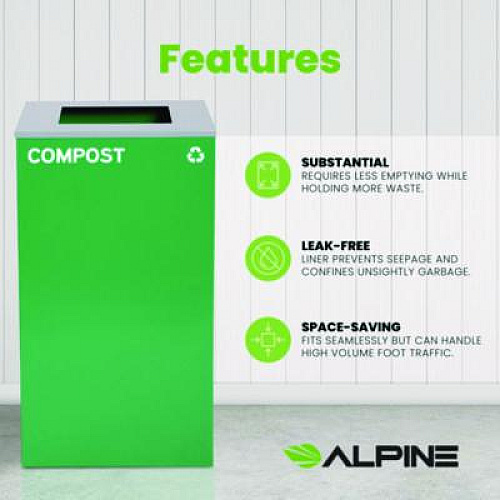 Alpine Industries 29 Gallon Trash/Recycling Cans, Steel, Green Compost Can with Square Lid (4450KITGRNSC)