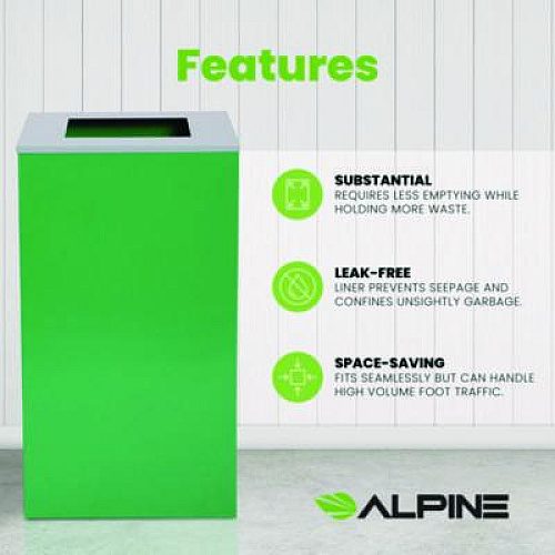 Alpine Industries 29 Gallon Trash/Recycling Cans, Steel, Green Can with Square Lid (4450KITGRNS)