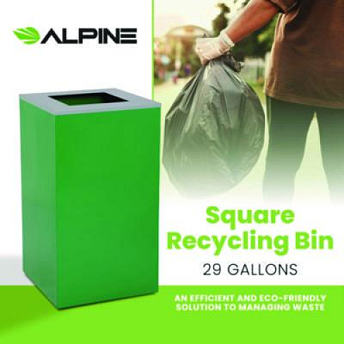 Alpine Industries 29 Gallon Trash/Recycling Cans, Steel, Green Can with Square Lid (4450KITGRNS)
