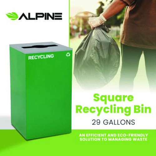 Alpine Industries 29 Gallon Trash/Recycling Cans, Steel, Green Recycling Can with Mixed Lid (4450KITGRNMR)