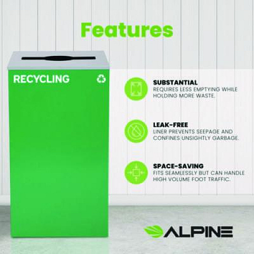 Alpine Industries 29 Gallon Trash/Recycling Cans, Steel, Green Recycling Can with Mixed Lid (4450KITGRNMR)