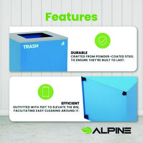Alpine Industries 29 Gallon Trash/Recycling Cans, Steel, Blue Trash Can with Square Lid (4450KITBLUST)