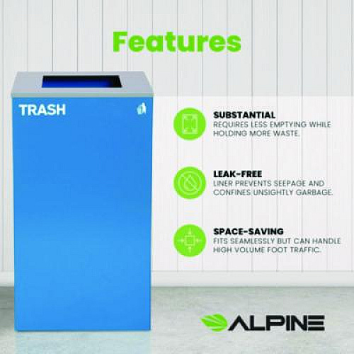 Alpine Industries 29 Gallon Trash/Recycling Cans, Steel, Blue Trash Can with Square Lid (4450KITBLUST)