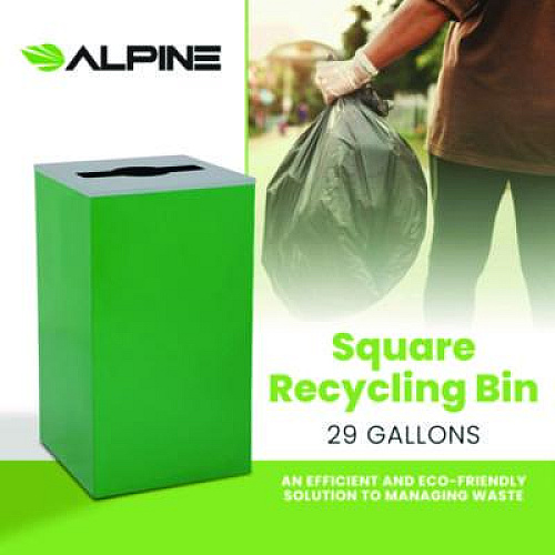 Alpine Industries 29 Gallon Trash/Recycling Cans, Steel, Green Can with Mixed Lid (4450KITGRNM)