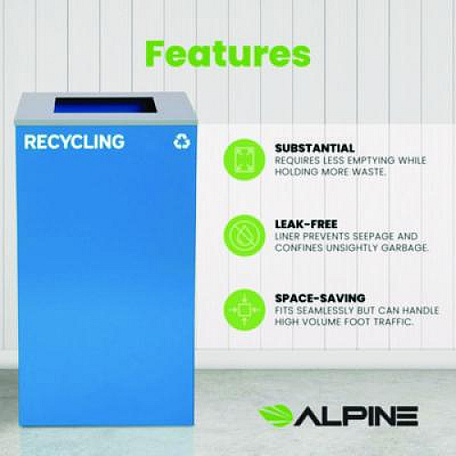 Alpine Industries 29 Gallon Trash/Recycling Cans, Steel, Blue Recycling Can with Square Lid (4450KITBLUSR)