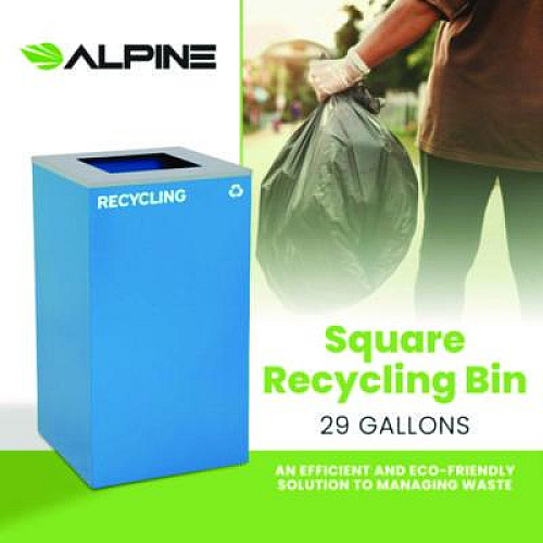 Alpine Industries 29 Gallon Trash/Recycling Cans, Steel, Blue Recycling Can with Square Lid (4450KITBLUSR)