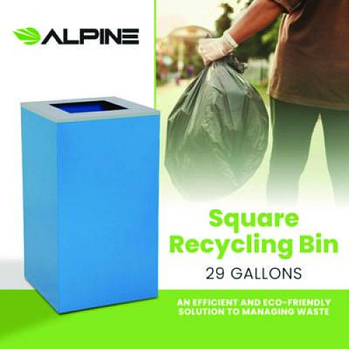 Alpine Industries 29 Gallon Trash/Recycling Cans, Steel, Blue Can with Square Lid (4450KITBLUS)