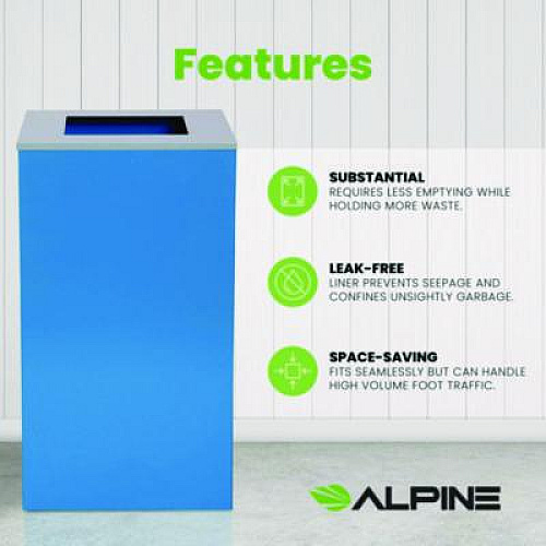 Alpine Industries 29 Gallon Trash/Recycling Cans, Steel, Blue Can with Square Lid (4450KITBLUS)