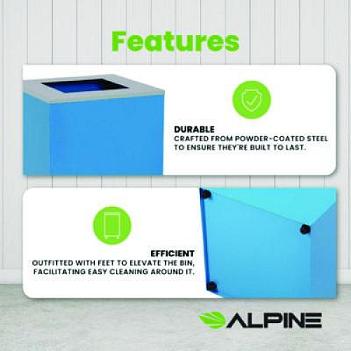 Alpine Industries 29 Gallon Trash/Recycling Cans, Steel, Blue Can with Square Lid (4450KITBLUS)