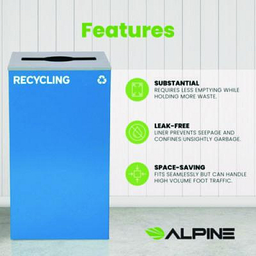 Alpine Industries 29 Gallon Trash/Recycling Cans, Steel, Blue Recycling Can with Mixed Lid (4450KITBLUMR)