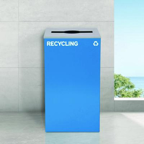 Alpine Industries 29 Gallon Trash/Recycling Cans, Steel, Blue Recycling Can with Mixed Lid (4450KITBLUMR)