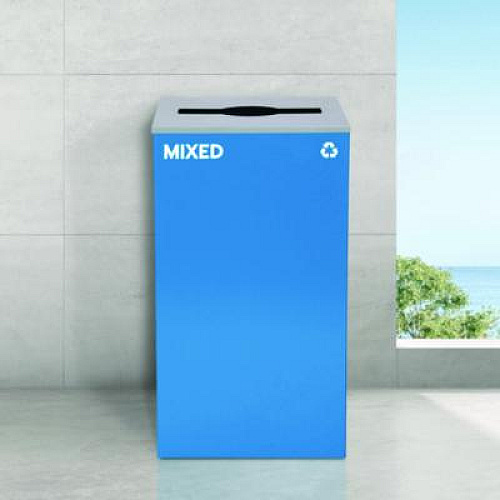 Alpine Industries 29 Gallon Trash/Recycling Cans, Steel, Blue Mixed Recycling Can with Mixed Lid (4450KITBLUMM)