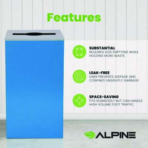 Alpine Industries 29 Gallon Trash/Recycling Cans, Steel, Blue Can with Mixed Lid (4450KITBLUM)
