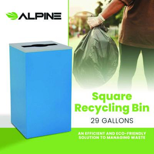 Alpine Industries 29 Gallon Trash/Recycling Cans, Steel, Blue Can with Mixed Lid (4450KITBLUM)
