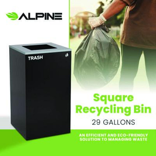 Alpine Industries 29 Gallon Trash/Recycling Cans, Steel, Black Trash Can with Square Lid (4450KITBLKST)