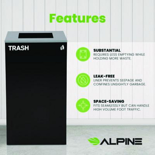 Alpine Industries 29 Gallon Trash/Recycling Cans, Steel, Black Trash Can with Square Lid (4450KITBLKST)