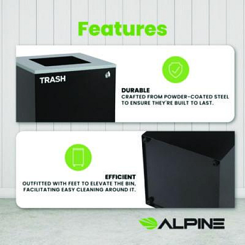 Alpine Industries 29 Gallon Trash/Recycling Cans, Steel, Black Trash Can with Square Lid (4450KITBLKST)