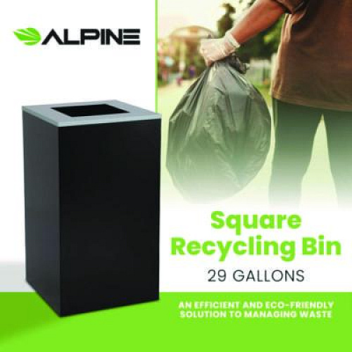 Alpine Industries 29 Gallon Trash/Recycling Cans, Steel, Black Can with Square Lid (4450KITBLKS)