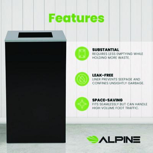 Alpine Industries 29 Gallon Trash/Recycling Cans, Steel, Black Can with Square Lid (4450KITBLKS)