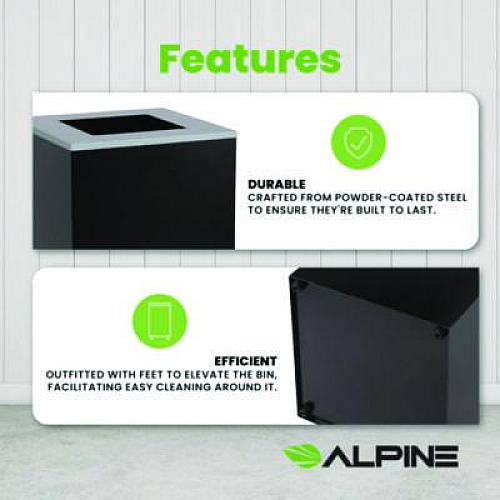Alpine Industries 29 Gallon Trash/Recycling Cans, Steel, Black Can with Square Lid (4450KITBLKS)