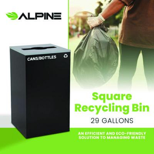 Alpine Industries 29 Gallon Trash/Recycling Cans, Steel, Black Cans/Bottles Recycling Can with Mixed Lid (4450KITBLKMC)