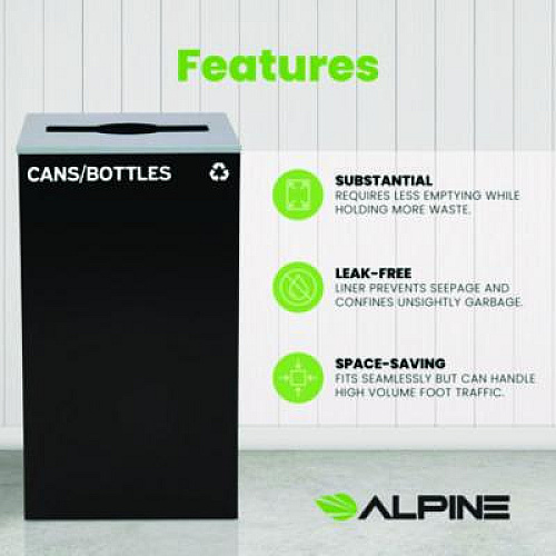 Alpine Industries 29 Gallon Trash/Recycling Cans, Steel, Black Cans/Bottles Recycling Can with Mixed Lid (4450KITBLKMC)