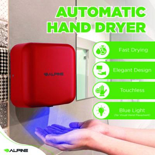 Alpine Industries Hemlock Commercial Automatic 120V Hand Dryer, 6.68 x 11.41 x 12.31, Red (ALP40010RED)