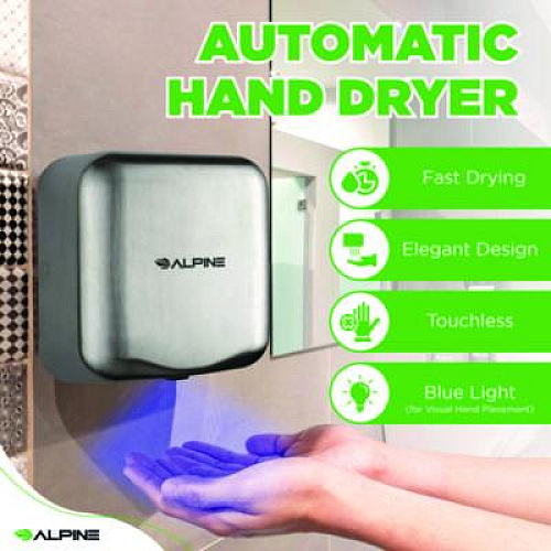 Alpine Industries Hemlock Commercial Automatic 120V Hand Dryer, 6.68 x 11.41 x 12.31, Silver (ALP40010SSB)
