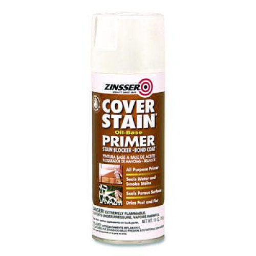 Zinsser Cover Stain Oil-Based Spray Primer, Interior/Exterior, Flat White, 13 oz Aerosol Can, 6/Carton (3608)
