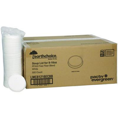 Pactiv Evergreen EarthChoice PFAS-Free Compostable Soup Cup Lid, For 8 oz to 16 oz Soup Cups, 4" Diameter, White, Sugarcane, 500/Carton (LMC81216ECBB)