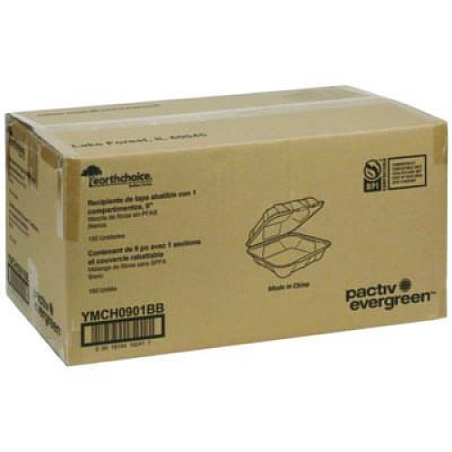 Pactiv Evergreen EarthChoice PFAS Free Compostable Hinged Lid Container, 9 x 9 x 3.5, White, Sugarcane, 150/Carton (YMCH0901BB)