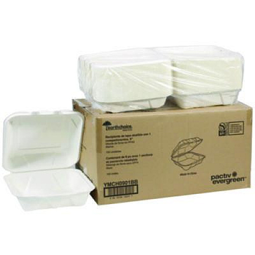 Pactiv Evergreen EarthChoice PFAS Free Compostable Hinged Lid Container, 9 x 9 x 3.5, White, Sugarcane, 150/Carton (YMCH0901BB)