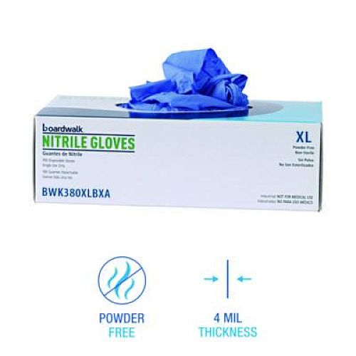 Boardwalk 380 Series Disposable General-Purpose Nitrile Gloves, Powder-Free, X-Large, 4 mil Thick, 9.5" Long, Blue, 100/Box (380XLBXA)