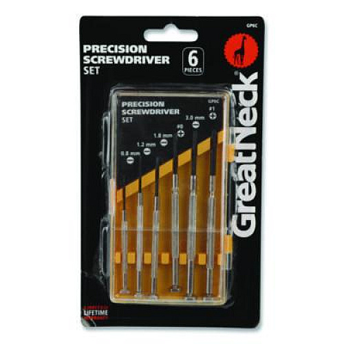 Great Neck Precision Screwdriver Set, Six-Piece, Phillips/Slotted, Assorted Lengths, Polished Steel Handles (GP6C)