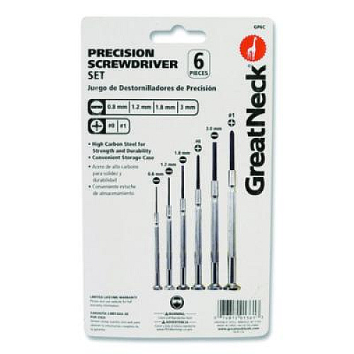 Great Neck Precision Screwdriver Set, Six-Piece, Phillips/Slotted, Assorted Lengths, Polished Steel Handles (GP6C)