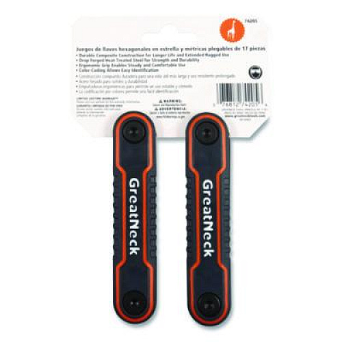 Great Neck Hex Key Fold-Up Tool Set, Two-Piece, Metric/SAE, Black-Oxide/Blue (SAE), Black-Oxide/Red (Metric) (74205)