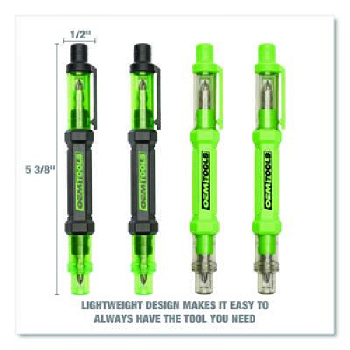 OEMTOOLS 6-Way Pen-Style Screw/Nut Driver, Phillips/Slotted Bits, Metric Sockets, 5.38" Long, Black/Green, Green/Clear, 4/Pack (22537)